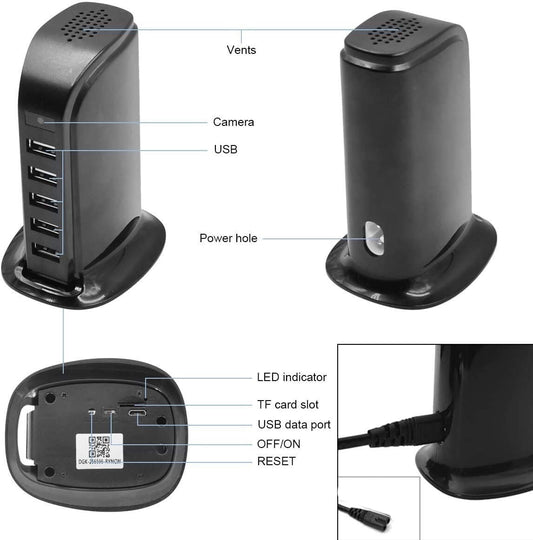 Caricatore USB Smart 5 Porte con Telecamera Nascosta Wi-Fi HD 1080P | Registrazione Audio/Video e Monitoraggio Remoto