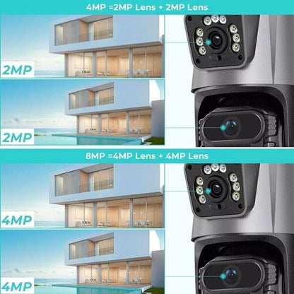 Telecamera WiFi da Esterno 4MP/8MP Doppio Obiettivo – IP66 – Rilevamento Umano AI, Allarme Sirena, Visione Notturna a Colori, Zoom 1-8x – Compatibile Alexa – App ICSEE