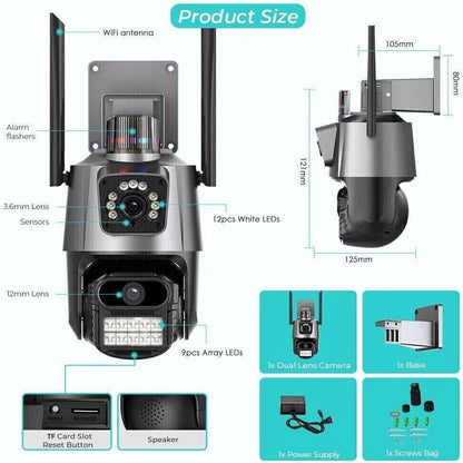 Telecamera WiFi da Esterno 4MP/8MP Doppio Obiettivo – IP66 – Rilevamento Umano AI, Allarme Sirena, Visione Notturna a Colori, Zoom 1-8x – Compatibile Alexa – App ICSEE