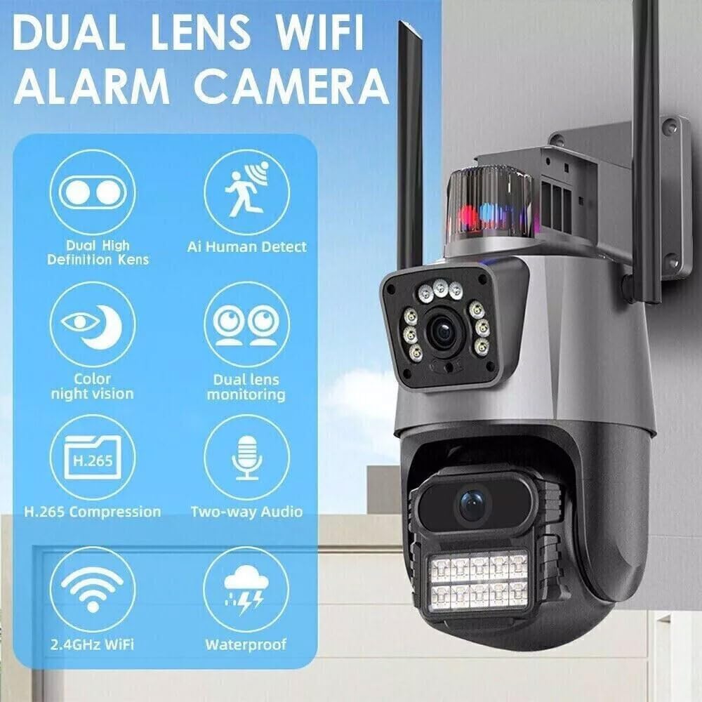 Telecamera WiFi da Esterno 4MP/8MP Doppio Obiettivo – IP66 – Rilevamento Umano AI, Allarme Sirena, Visione Notturna a Colori, Zoom 1-8x – Compatibile Alexa – App ICSEE