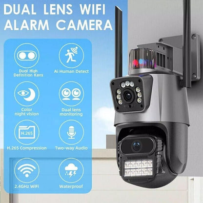 Telecamera WiFi da Esterno 4MP/8MP Doppio Obiettivo – IP66 – Rilevamento Umano AI, Allarme Sirena, Visione Notturna a Colori, Zoom 1-8x – Compatibile Alexa – App ICSEE