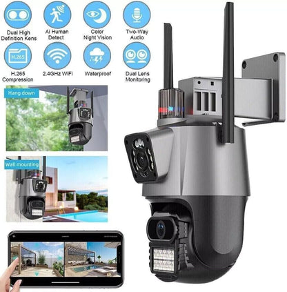 Telecamera WiFi da Esterno 4MP/8MP Doppio Obiettivo – IP66 – Rilevamento Umano AI, Allarme Sirena, Visione Notturna a Colori, Zoom 1-8x – Compatibile Alexa – App ICSEE