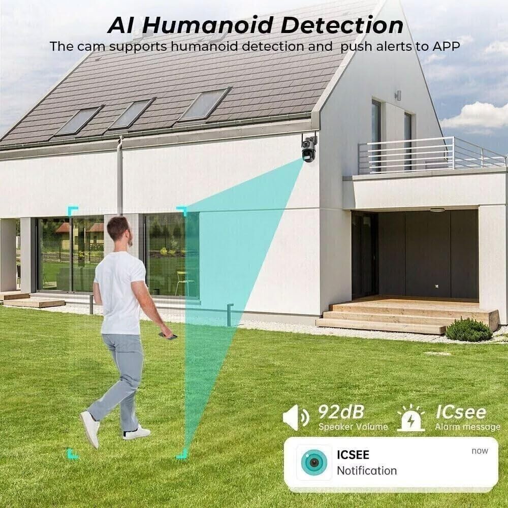 Telecamera WiFi da Esterno 4MP/8MP Doppio Obiettivo – IP66 – Rilevamento Umano AI, Allarme Sirena, Visione Notturna a Colori, Zoom 1-8x – Compatibile Alexa – App ICSEE