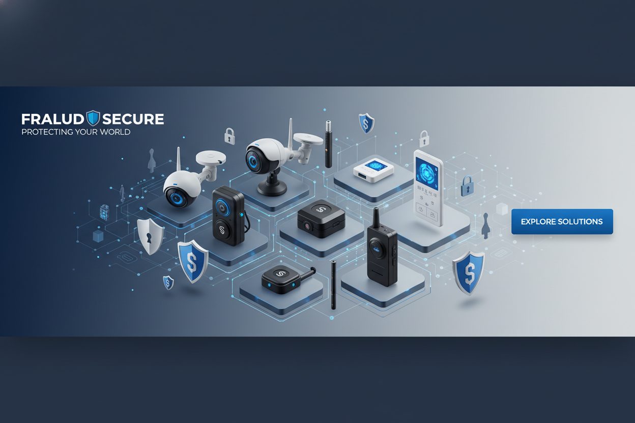 Crea un banner professionale per la home page di un e-commerce chiamato "Fralud Secure", specializzato in mini telecamere, GPS, micro registratori e kit test personali. 
L’immagine deve trasmettere legalità, sicurezza e affidabilità. 
Mostra prodotti in modo chiaro, ordinato, con stile moderno e colori professionali (toni blu, grigio e bianco). 
Inserisci elementi visivi legati alla protezione, privacy e sicurezza senza includere persone reali riconoscibili. 
Formato orizzontale adatto a banner web, risoluz