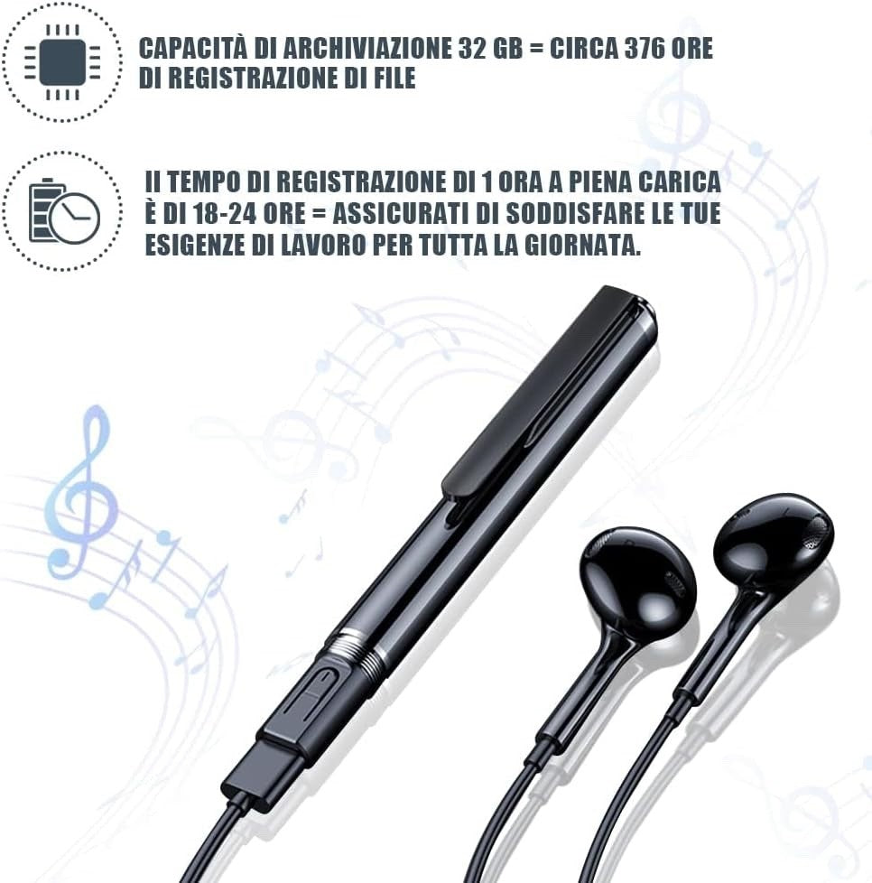 Penna Registratore Vocale 32GB HD – Mini Registratore Audio Portatile Professionale