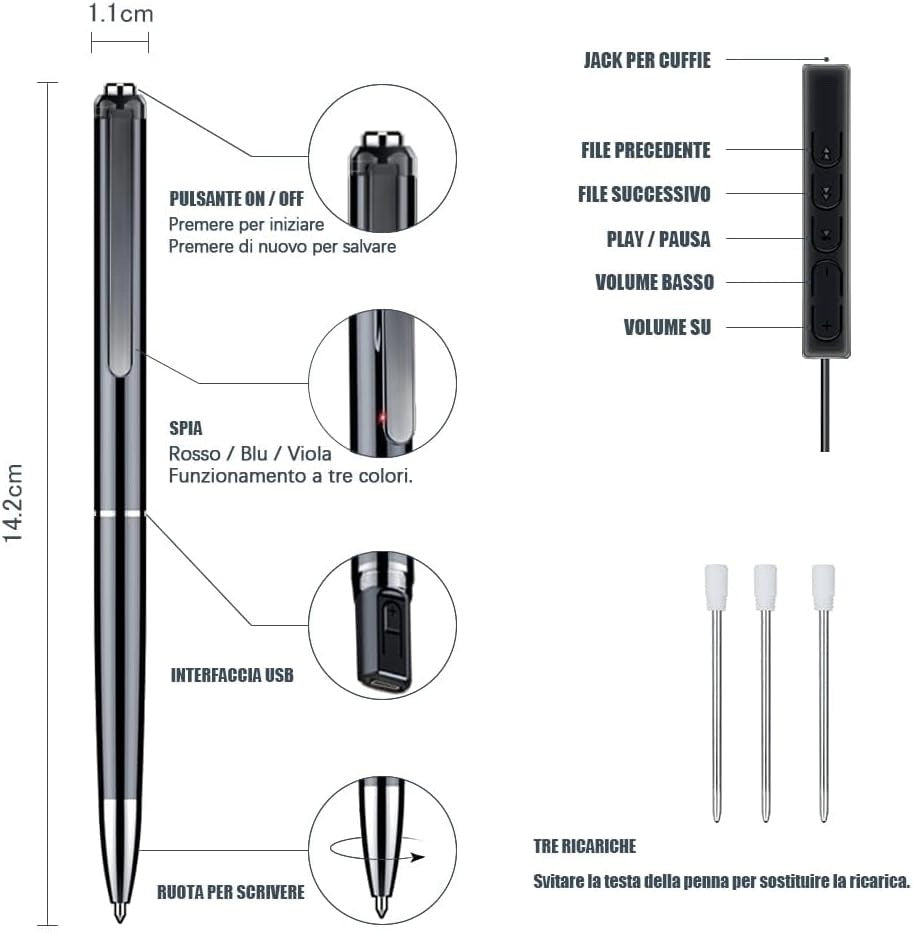 Penna Registratore Vocale 32GB HD – Mini Registratore Audio Portatile Professionale
