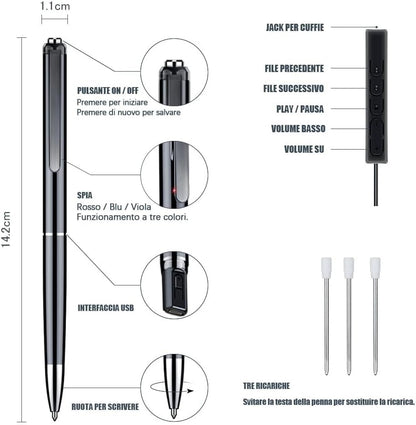 Penna Registratore Vocale 32GB HD – Mini Registratore Audio Portatile Professionale