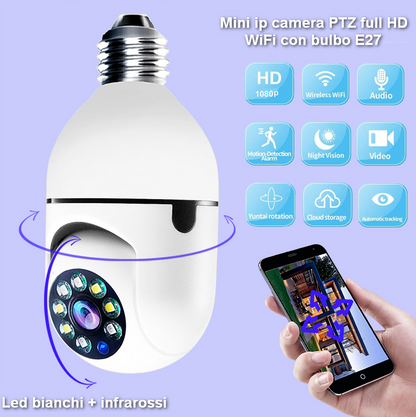 Telecamera IP Lampadina E27 360° Wireless PTZ con Autotracking – Full HD 1080P