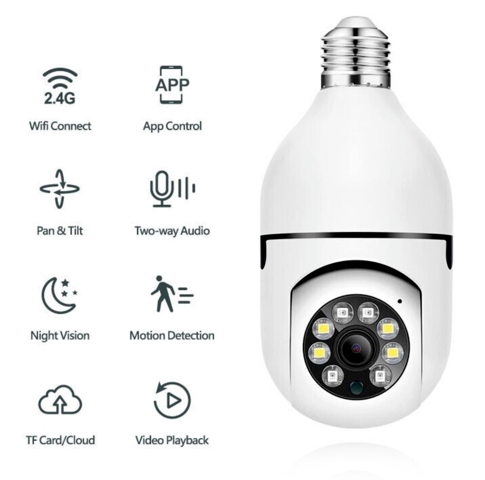 Telecamera IP Lampadina E27 360° Wireless PTZ con Autotracking – Full HD 1080P