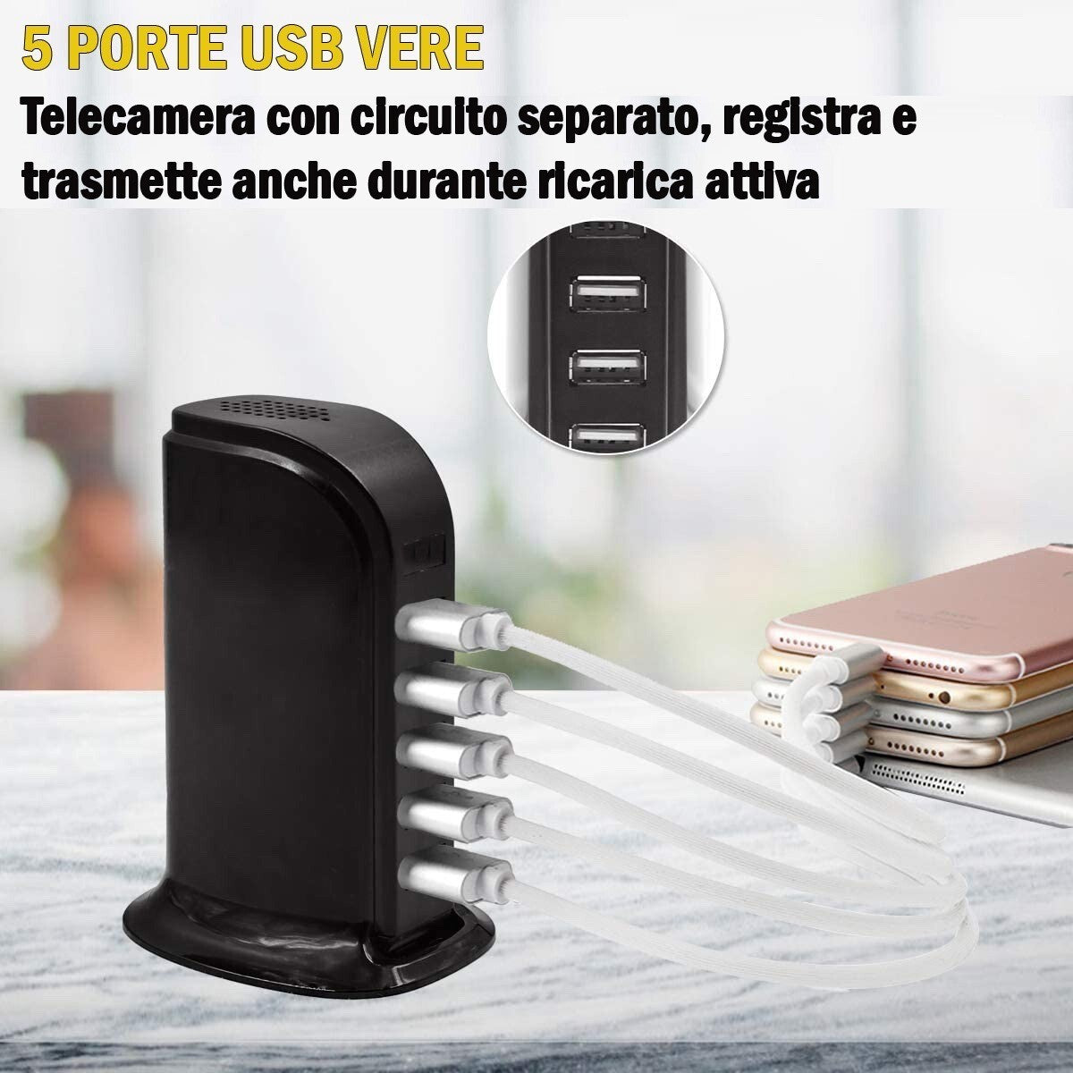 Caricatore USB Smart 5 Porte con Telecamera Nascosta Wi-Fi HD 1080P | Registrazione Audio/Video e Monitoraggio Remoto