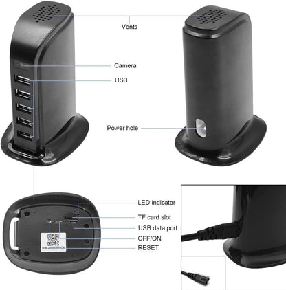 Caricatore USB Smart 5 Porte con Telecamera Nascosta Wi-Fi HD 1080P | Registrazione Audio/Video e Monitoraggio Remoto