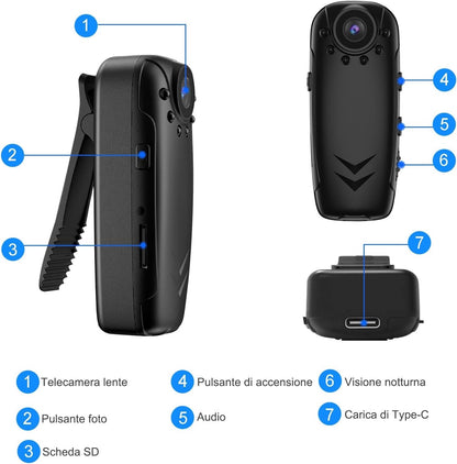 Mini Telecamera HD 1080P dasch Cam  – Visione Notturna, Rilevamento Movimento e Obiettivo Rotante 180°