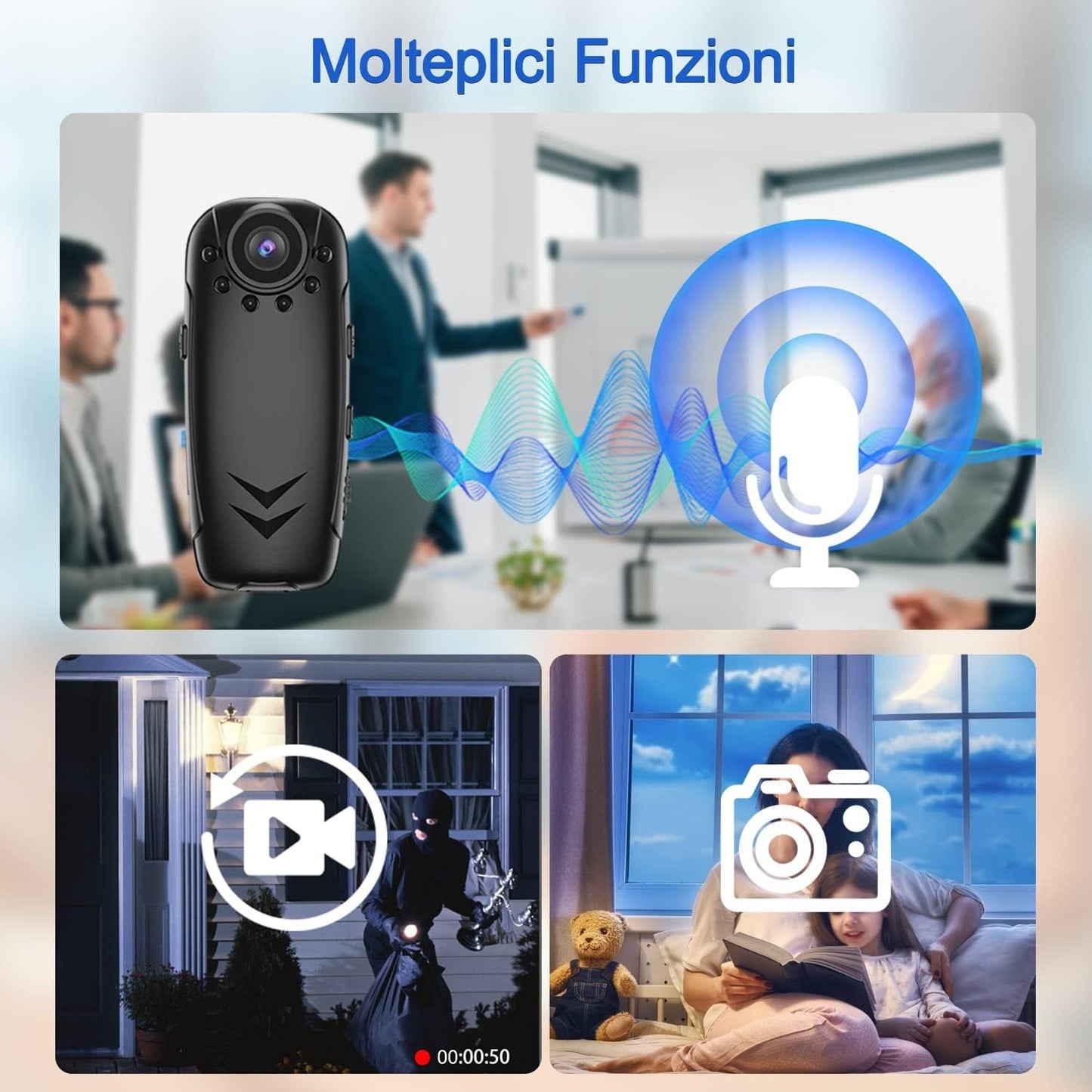 Mini Telecamera HD 1080P dasch Cam  – Visione Notturna, Rilevamento Movimento e Obiettivo Rotante 180°